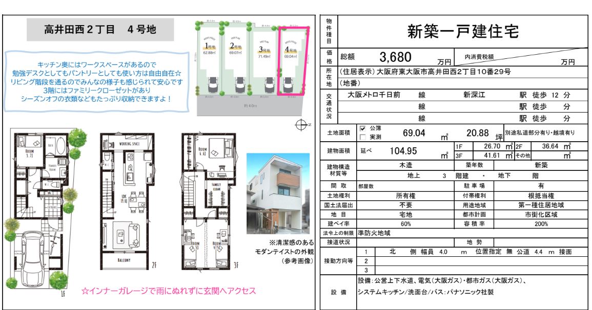 大阪市 株式会社ハウジングギャラリー 新築 新築一戸建て 非公開物件,高井田西2丁目写真