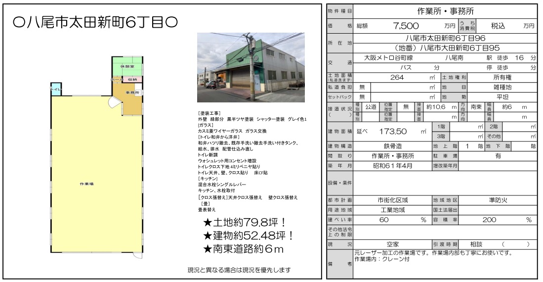 大阪市 株式会社ハウジングギャラリー 新築 新築一戸建て 販売終了,八尾市太田新町　作業所・事務所ランドプラン